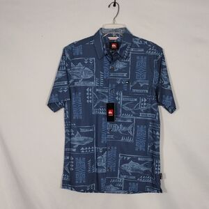 NWT Quiksilver Men's Authentic Indigo Print Catch Short Sleeve Cotton Shirt Sz M
